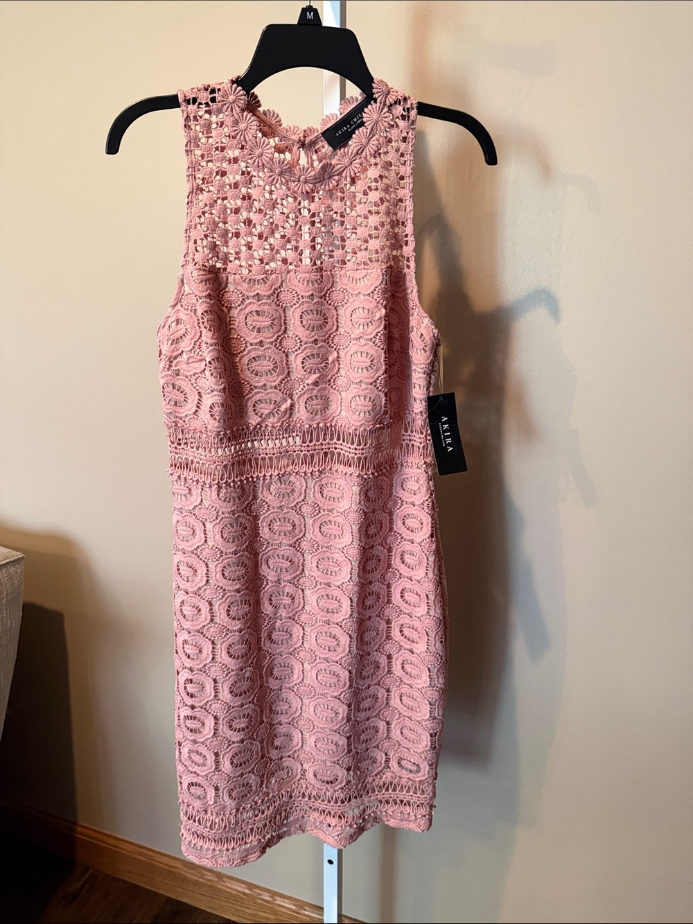 NWT Akira Chicago Dusty Pink Crochet Sleeveless Dress with cutouts